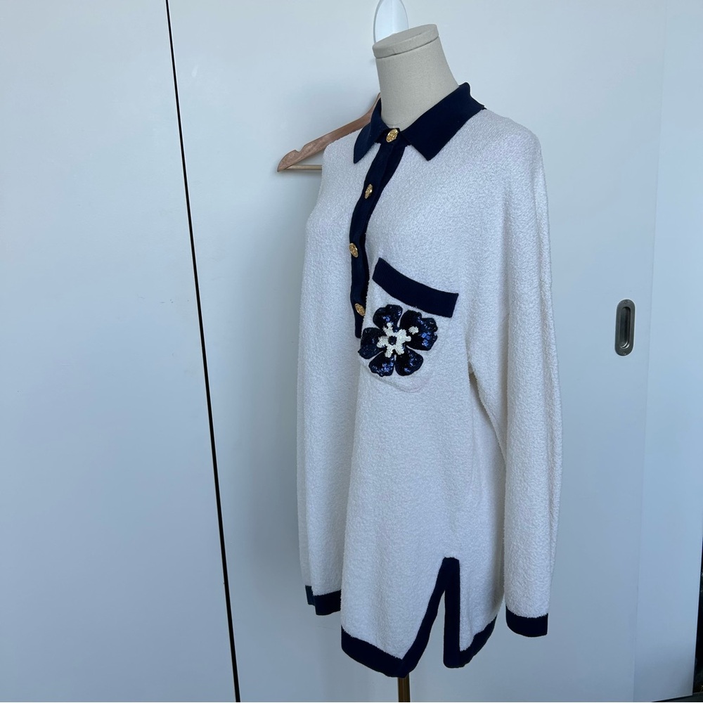 Vintage Escada White & Navy Terry Sequin Collar Button Up Long Sleeve Polo - Picture 3 of 16